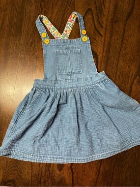 Mini Boden Light Blue Chambray Suspender Dress with Yellow Button Accents